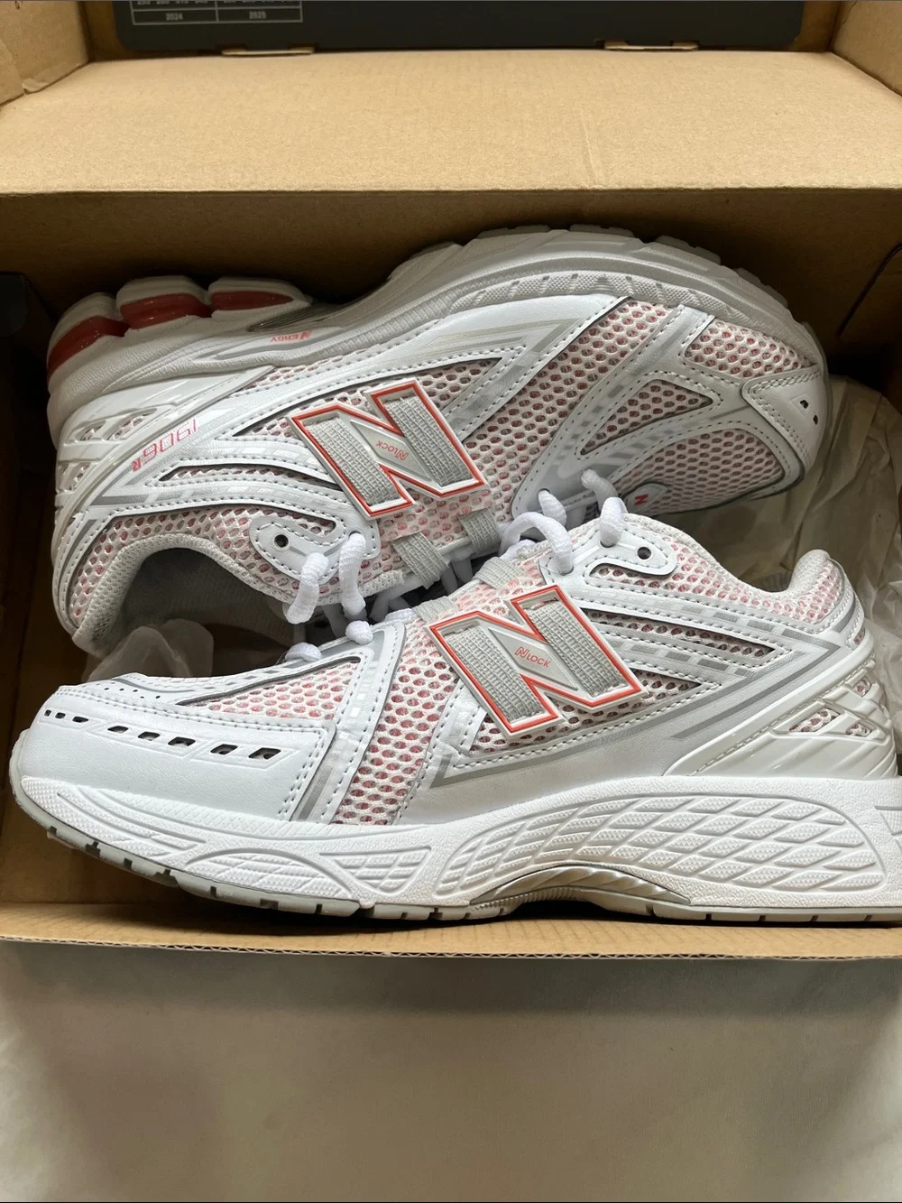 New Balance White and Light Pink Mesh Sneakers